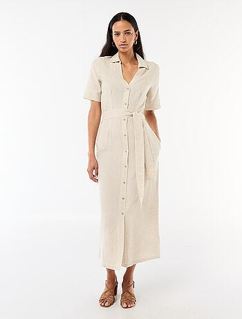 Abito camicia lungo a maniche corte in cotone e lino
