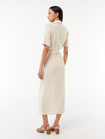 Abito camicia lungo a maniche corte in cotone e lino