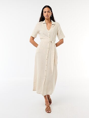 Abito camicia lungo a maniche corte in cotone e lino