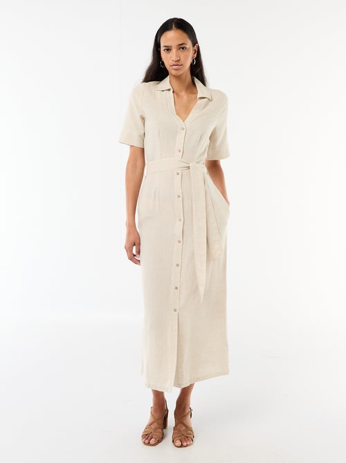 Abito chemisier lungo a maniche corte in cotone e lino - Kiabi