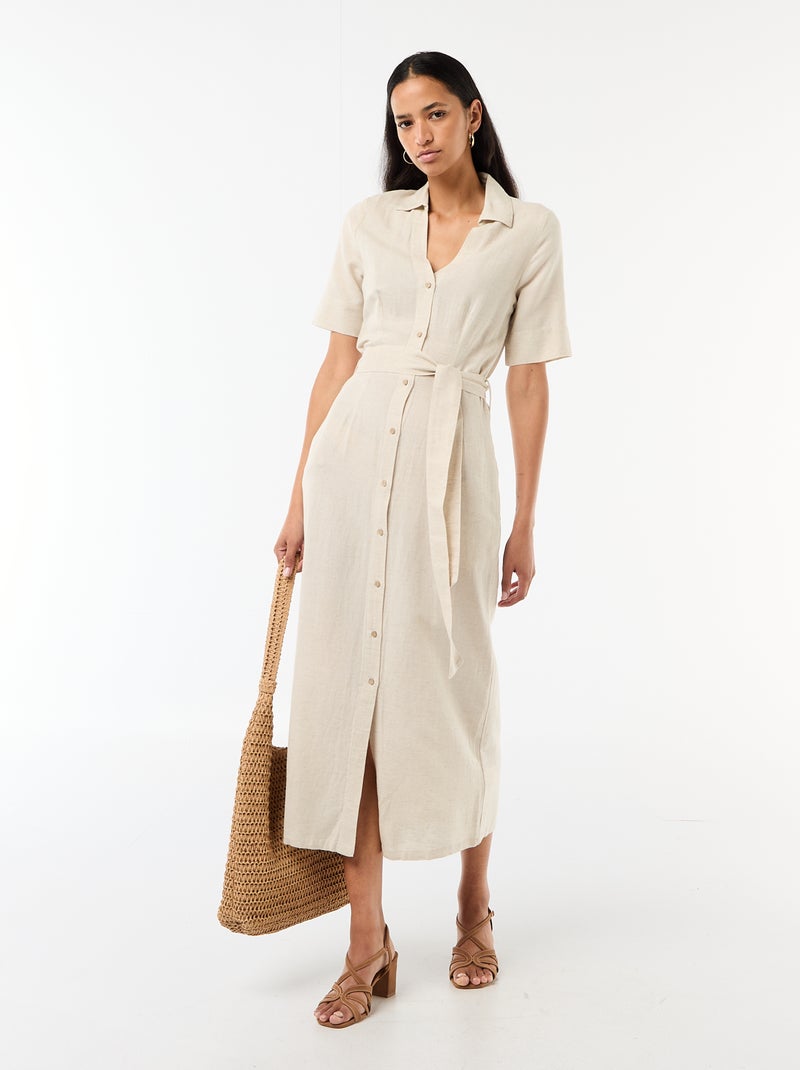 Abito chemisier lungo a maniche corte in cotone e lino Beige - Kiabi