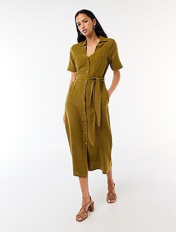 Abito camicia lungo a maniche corte in cotone e lino