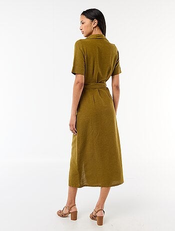 Abito camicia lungo a maniche corte in cotone e lino