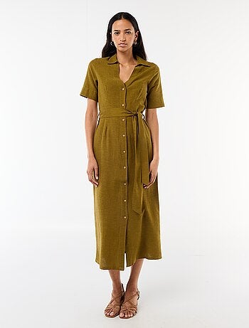 Abito camicia lungo a maniche corte in cotone e lino