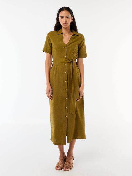 Abito chemisier lungo a maniche corte in cotone e lino - Kiabi