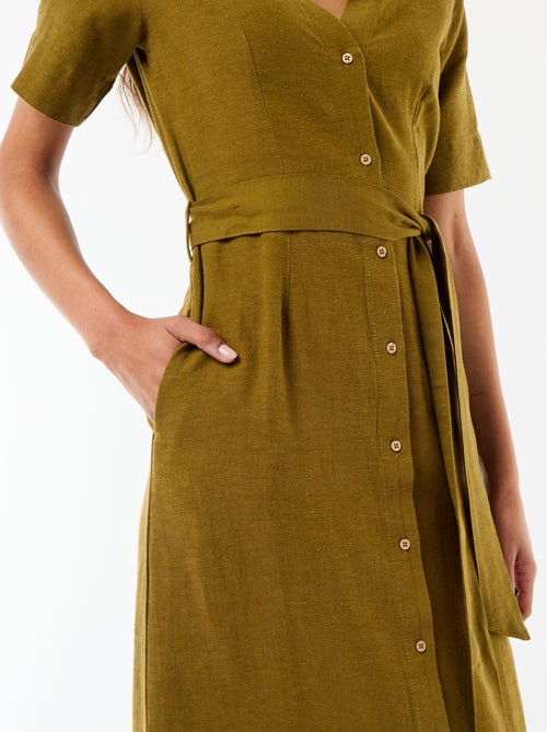 Abito chemisier lungo a maniche corte in cotone e lino - Kiabi