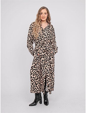 Abito chemisier lungo leopardato con cintura da annodare ivoriaz