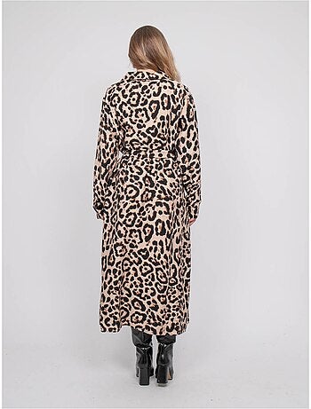 Abito chemisier lungo leopardato con cintura da annodare ivoriaz