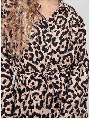 Abito chemisier lungo leopardato con cintura da annodare ivoriaz