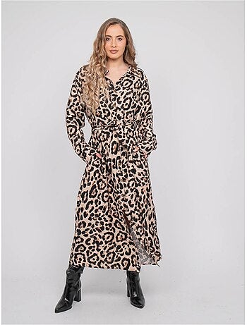 Abito chemisier lungo leopardato con cintura da annodare ivoriaz