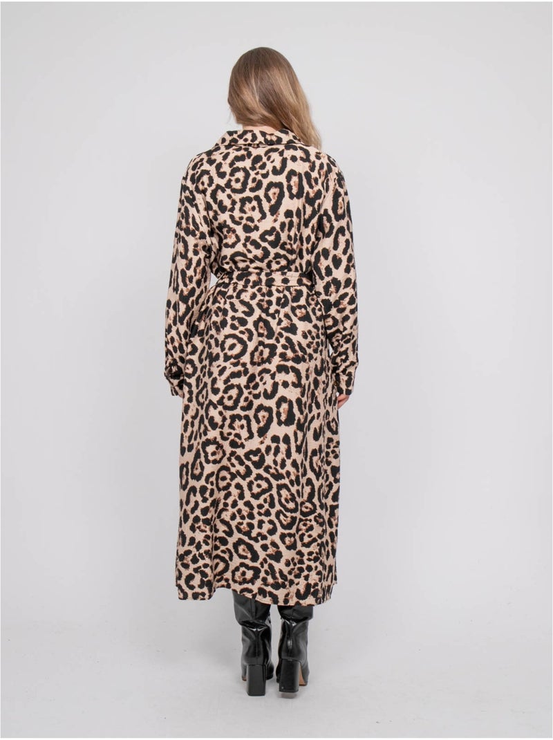 Abito chemisier lungo leopardato con cintura da annodare ivoriaz Marrone - Kiabi
