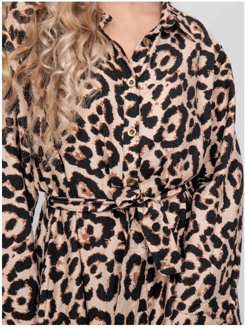 Abito chemisier lungo leopardato con cintura da annodare ivoriaz - Kiabi