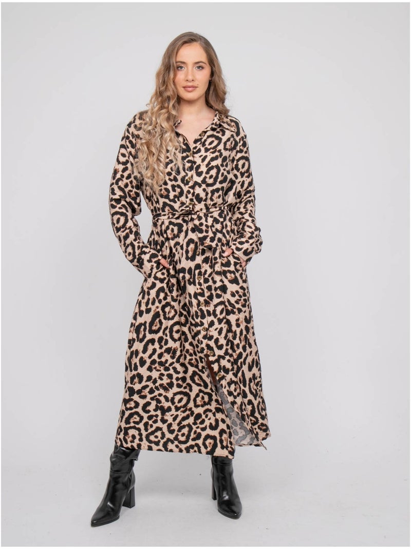Abito chemisier lungo leopardato con cintura da annodare ivoriaz Marrone - Kiabi