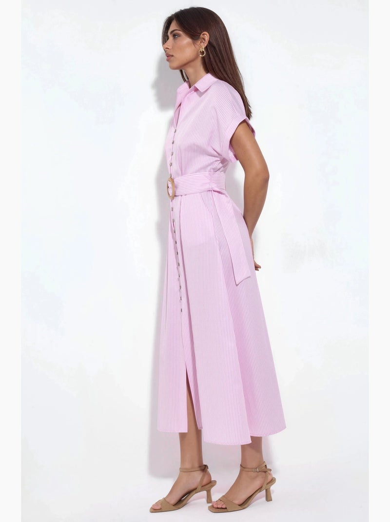 Abito chemisier midi a righe con scollo a v e cintura busem Rosa pallido - Kiabi
