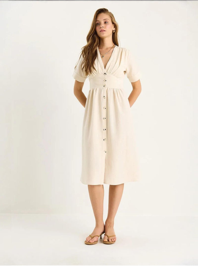 Abito chemisier midi con scollo a v e bottoni lucci Beige argilla - Kiabi