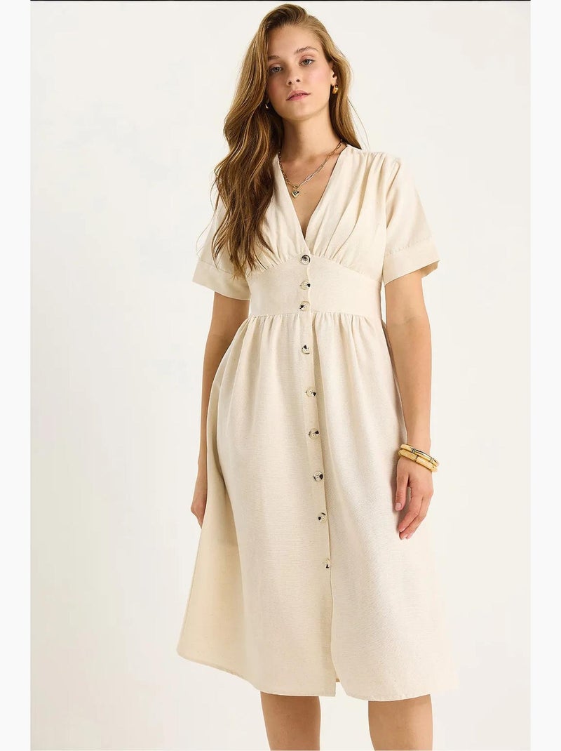 Abito chemisier midi con scollo a v e bottoni lucci Beige argilla - Kiabi