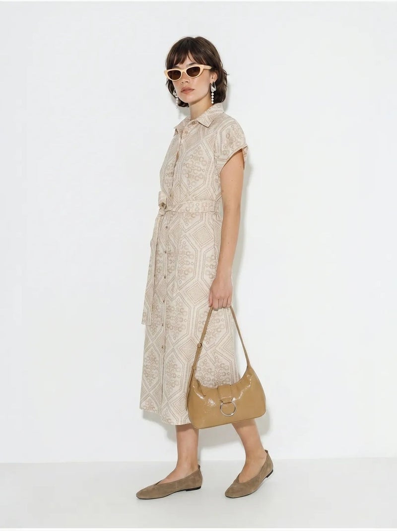 Abito chemisier midi in cotone geometrico con cintura lucci Beige argilla - Kiabi