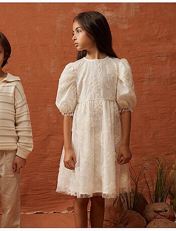 Abito con maniche a palloncino e fiori 3D