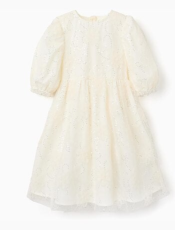 Abito con maniche a palloncino e fiori 3D