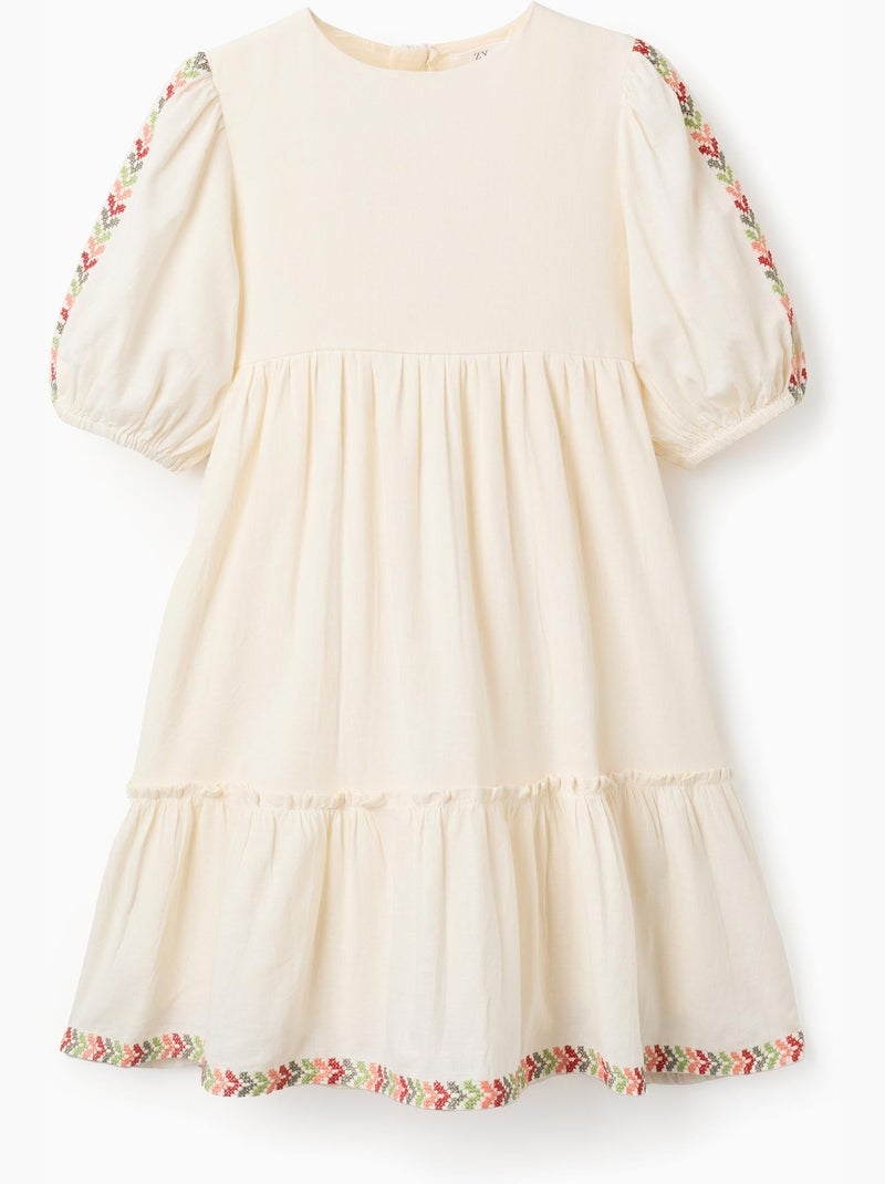 Abito con maniche a palloncino e ricamo Beige - Kiabi