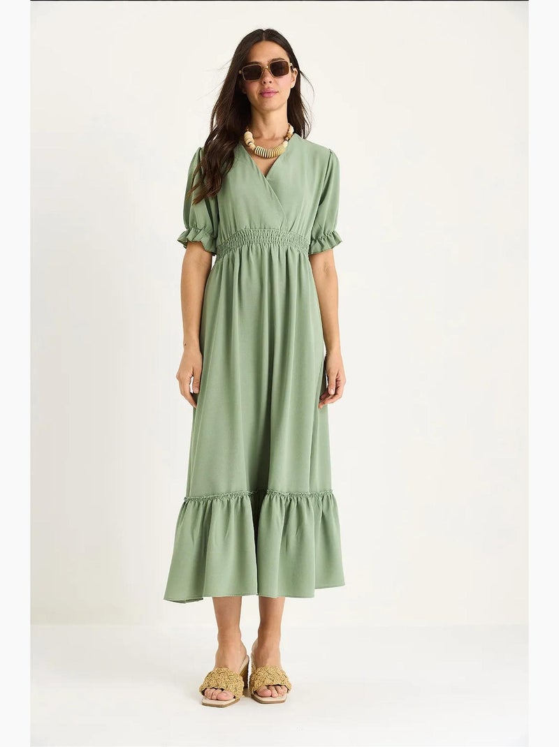 Abito con scollo a v, vita arricciata e maniche elastiche lucci Verde pastello - Kiabi