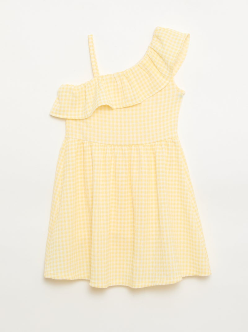 Abito con scollo asimmetrico a balze e motivo Vichy Giallo - Kiabi