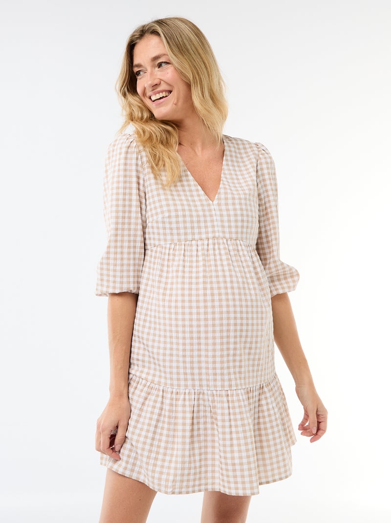 Abito corto a balze a quadri Beige - Kiabi