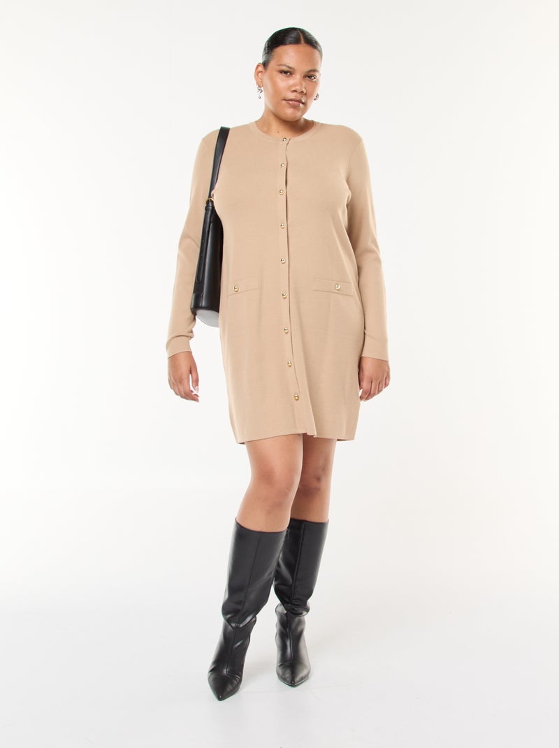 Abito corto in maglia fine con scollo a V e bottoni dorati Beige - Kiabi