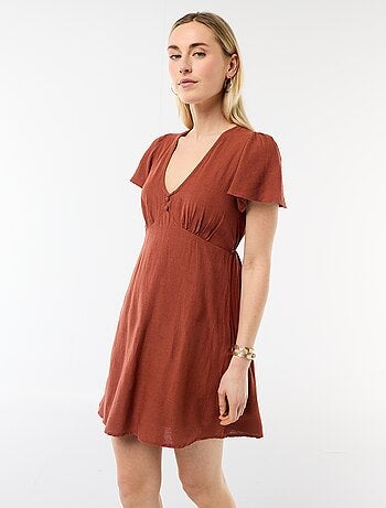 Abito corto maniche a farfalla in cotone e lino