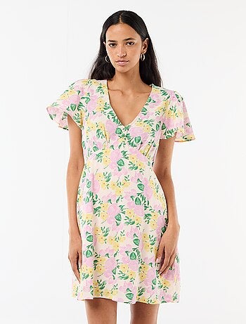 Abito corto maniche a farfalla in cotone e lino