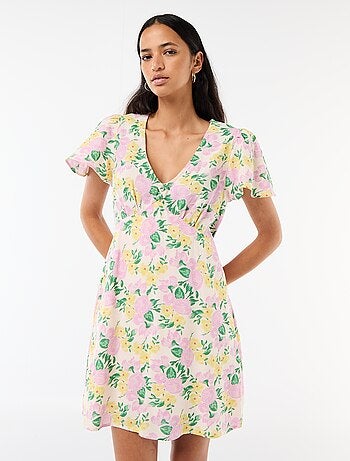 Abito corto maniche a farfalla in cotone e lino