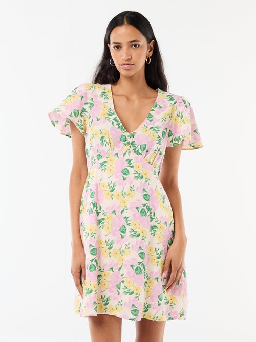 Abito corto maniche a farfalla in cotone e lino - Kiabi