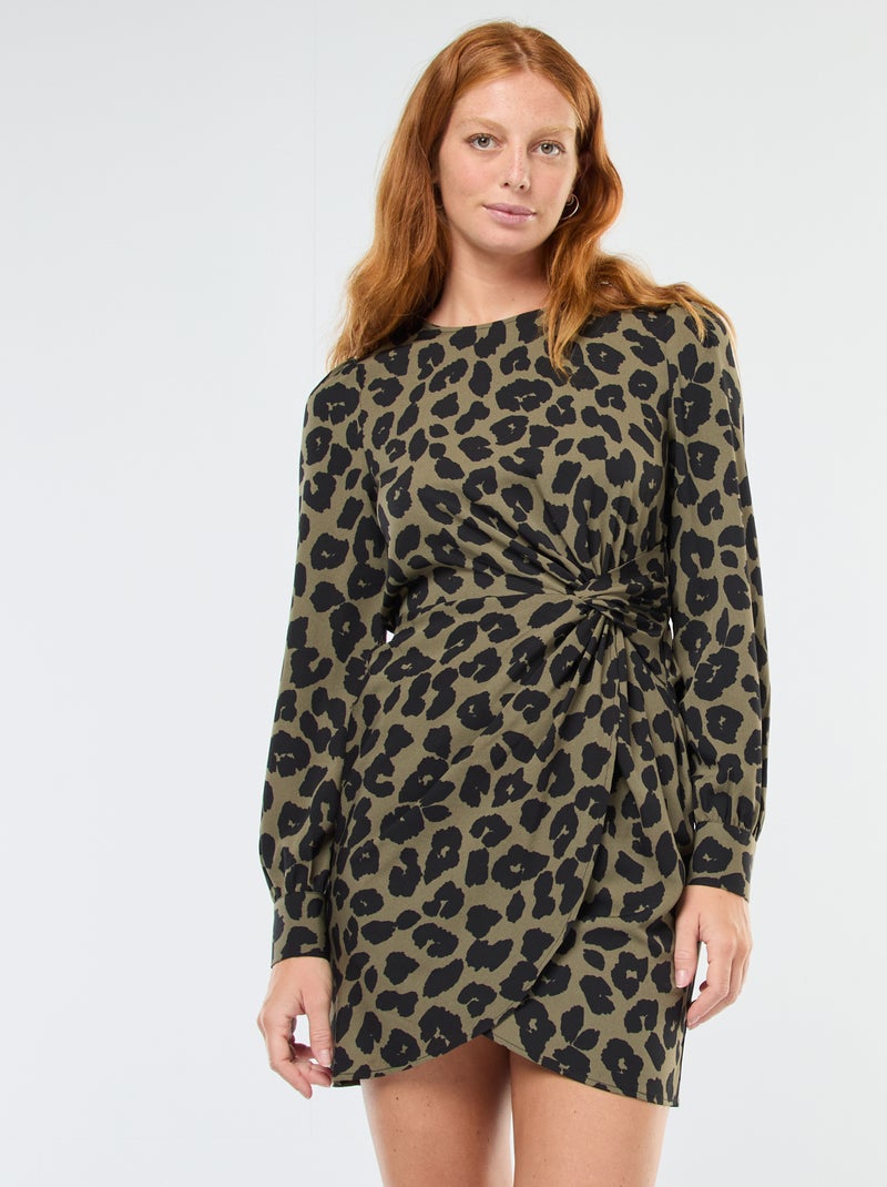 Abito corto stampato leopardato effetto drappeggio Kaki - Kiabi