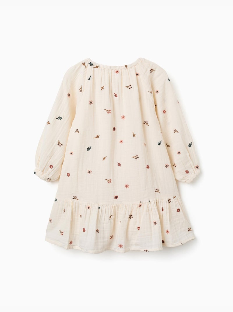 Abito in cotone a manica lunga con ricamo floreale Bianco - Kiabi