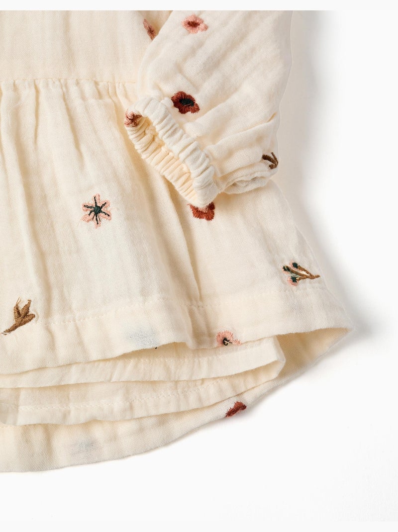 Abito in cotone a manica lunga con ricamo floreale Bianco - Kiabi