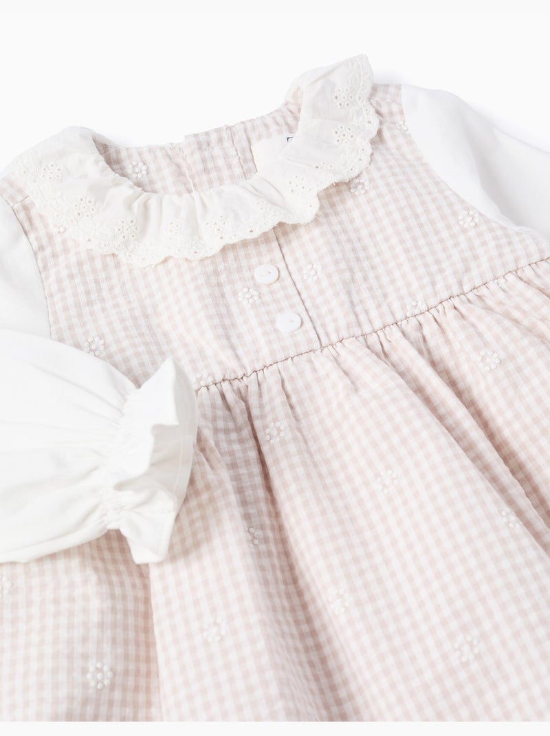 Abito in cotone a manica lunga con vichy Grigio chiaro - Kiabi