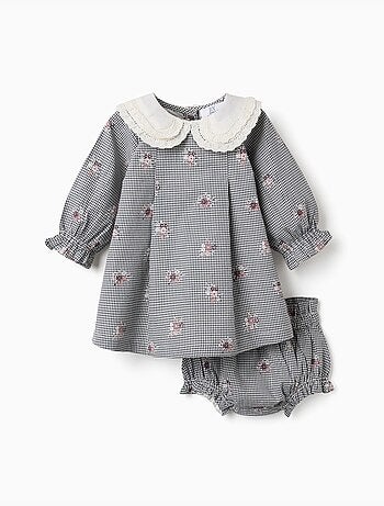 Abito in cotone a quadretti con stampa floreale