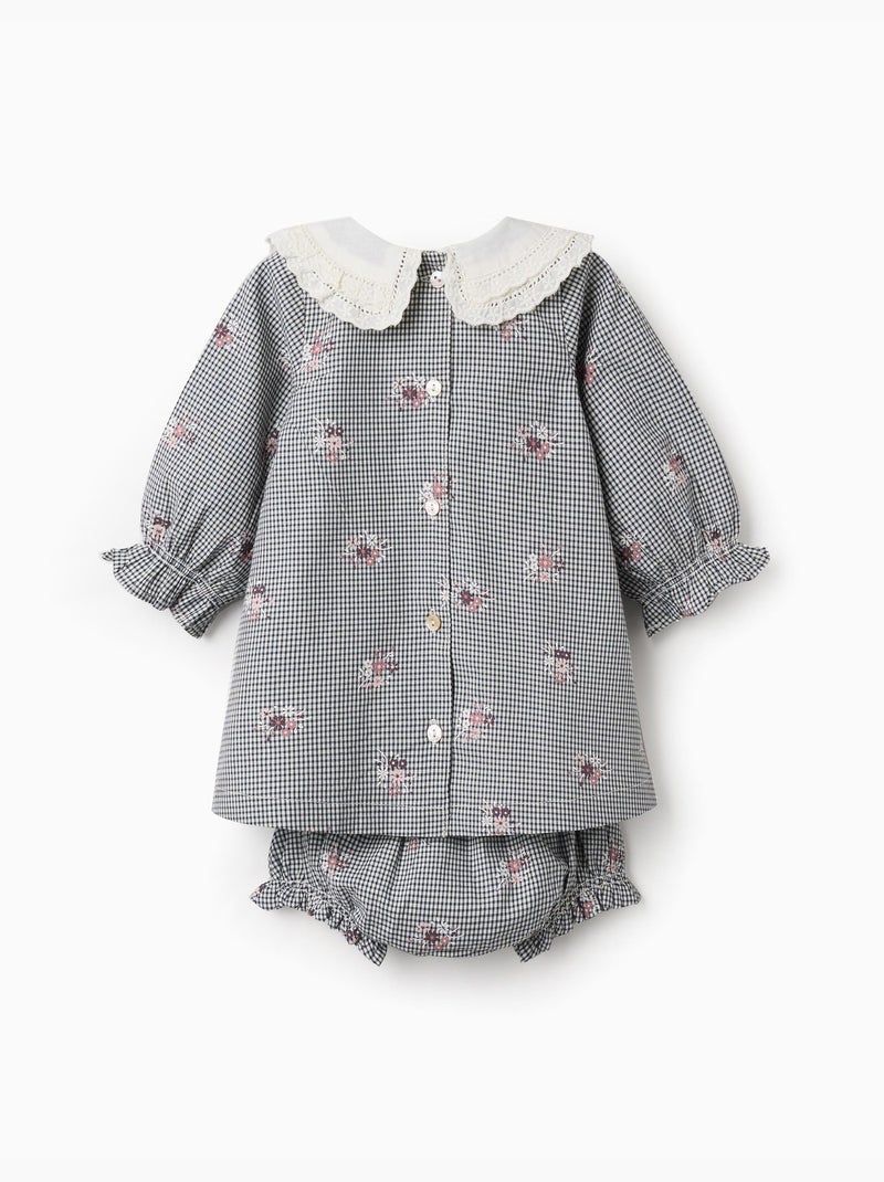 Abito in cotone a quadretti con stampa floreale Blu scuro - Kiabi