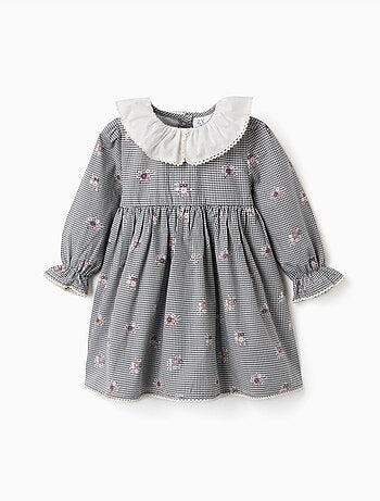 Abito in cotone a quadretti con stampa floreale