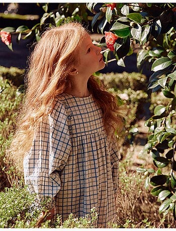 Abito in cotone a quadri con maniche a sbuffo