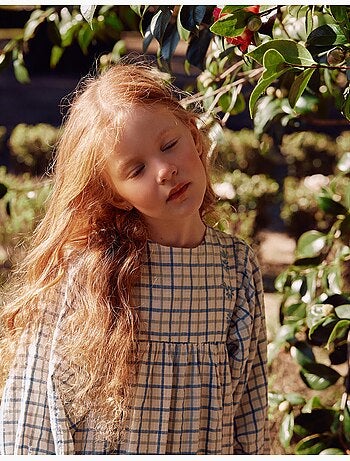 Abito in cotone a quadri con maniche a sbuffo