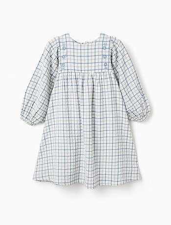 Abito in cotone a quadri con maniche a sbuffo