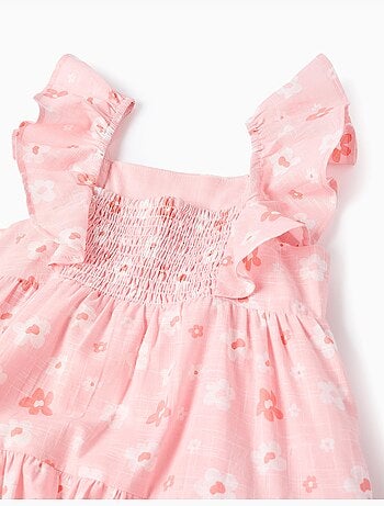 Abito in cotone a trapezio con motivo floreale e volant