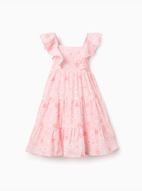 Abito in cotone a trapezio con motivo floreale e volant - Kiabi