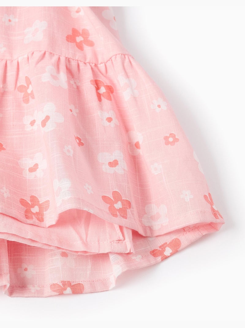 Abito in cotone a trapezio con motivo floreale e volant Rosa chiaro - Kiabi