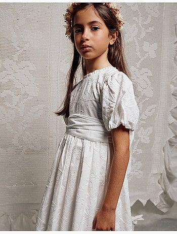 Abito in cotone con maniche a palloncino e cintura