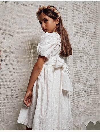 Abito in cotone con maniche a palloncino e cintura