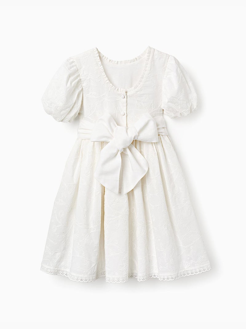 Abito in cotone con maniche a palloncino e cintura Bianco - Kiabi