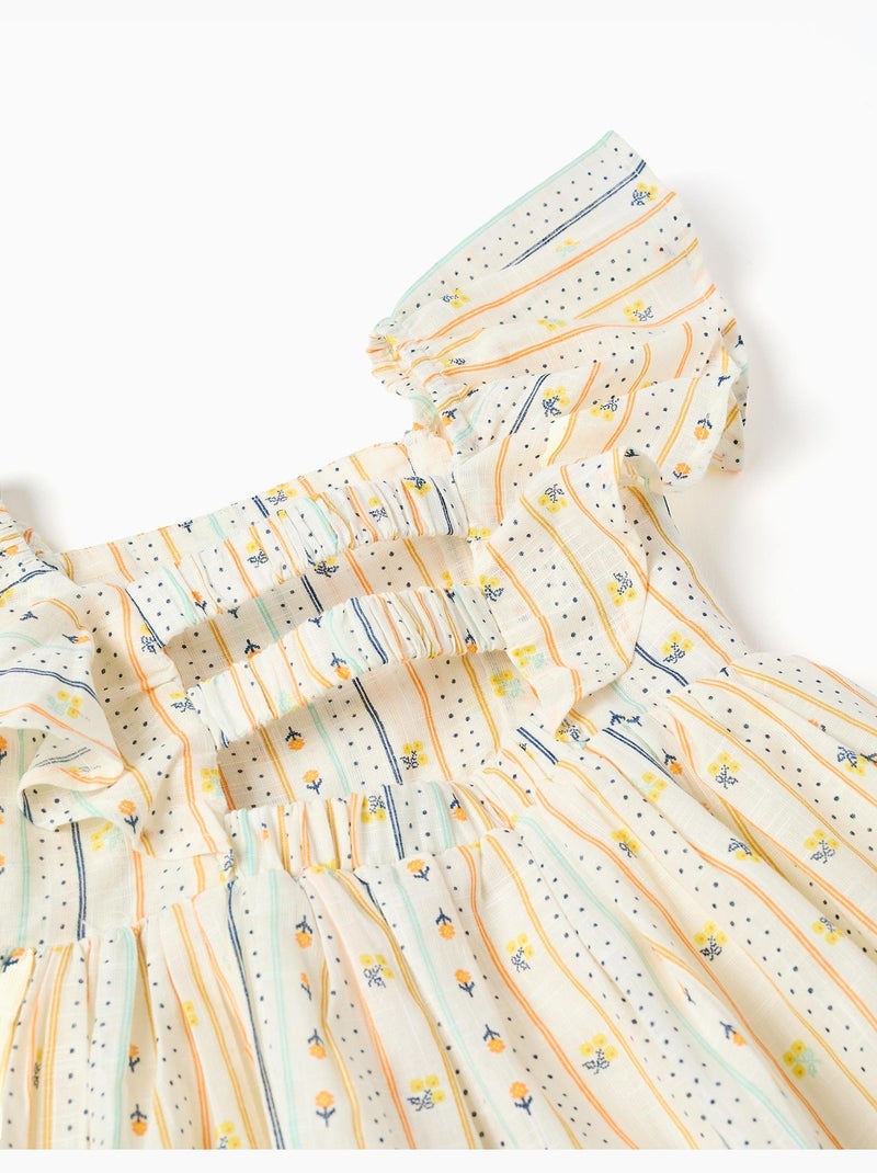 Abito in cotone con motivo floreale e volant Beige chiaro - Kiabi