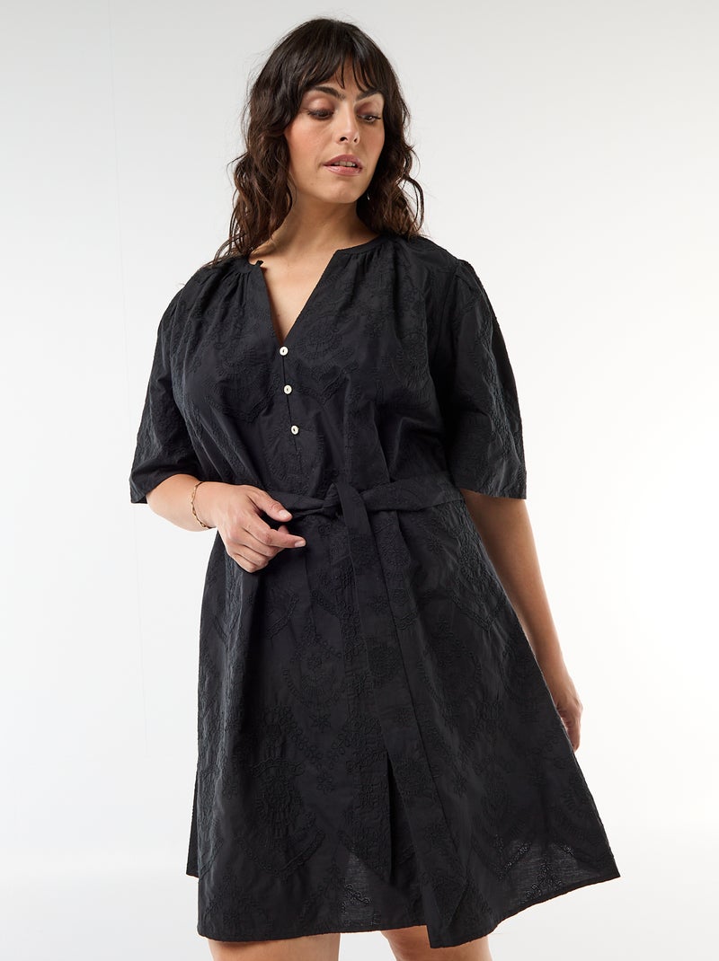 Abito in cotone con ricami sangallo Nero - Kiabi